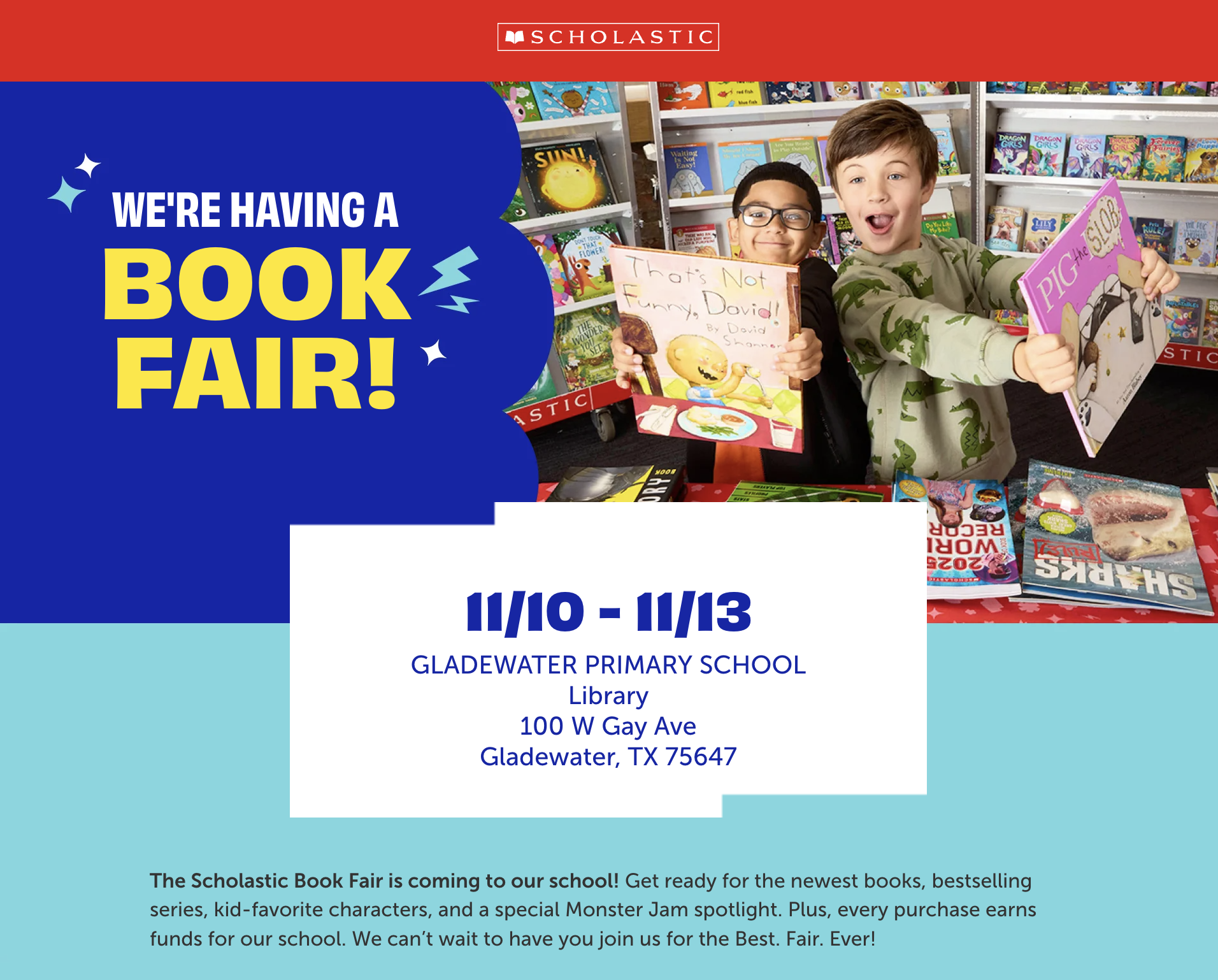 A Scholastic Book Fair flyer featuring two excited children holding up books in a school library.